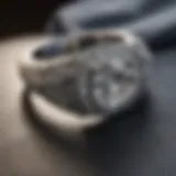Elegant diamond encrusted wedding ring on a velvet cushion