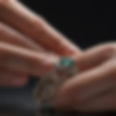 Close-up of gemstone ring being measured on ring sizer
