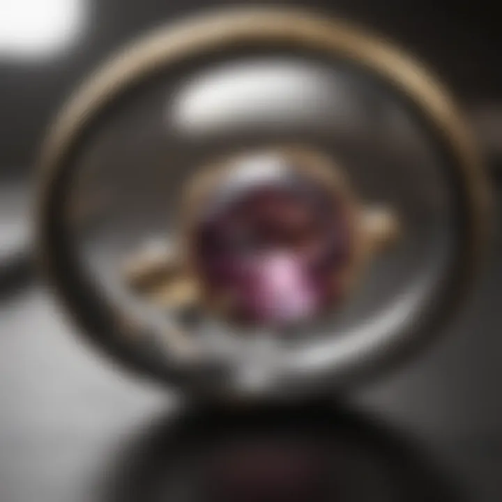 Gemstone ring under magnifying glass