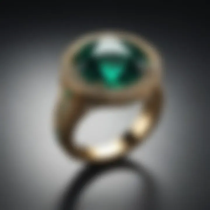 Emerald color ring reflecting light in a geometric design