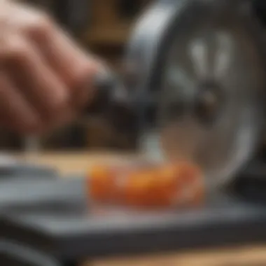 Close-up of lapidary drop saw in action showcasing fine cutting technique