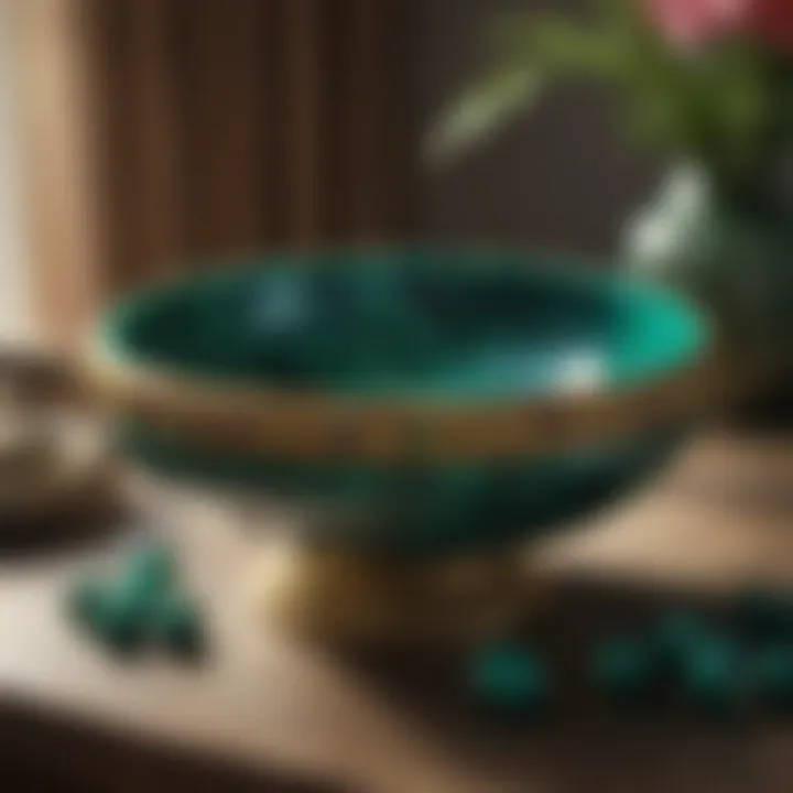 A stunning malachite bowl filled with colorful gemstones