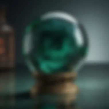 A serene malachite crystal ball resting on a reflective surface