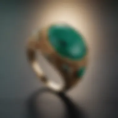 A close-up of a malachite ring with intricate detailing