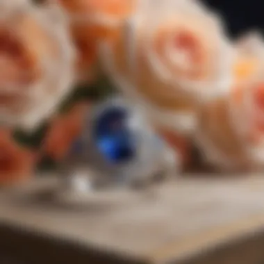 Opulent sapphire and diamond wedding ring set against a backdrop of roses
