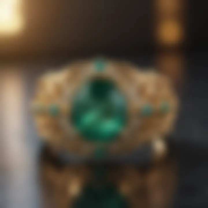 Intricately designed gold ring with emerald gemstone