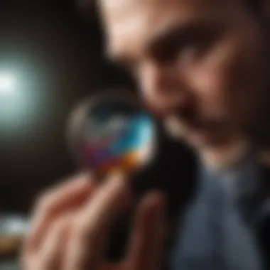 Gemologist examining gemstone under magnifying glass